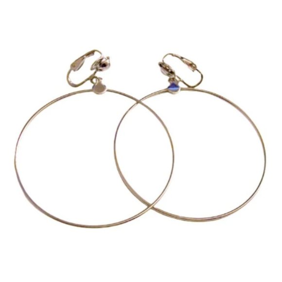 Thin Ring 2 3/4" Long Hoops Clip On Earrings Silver Tone - Picture 5 of 6